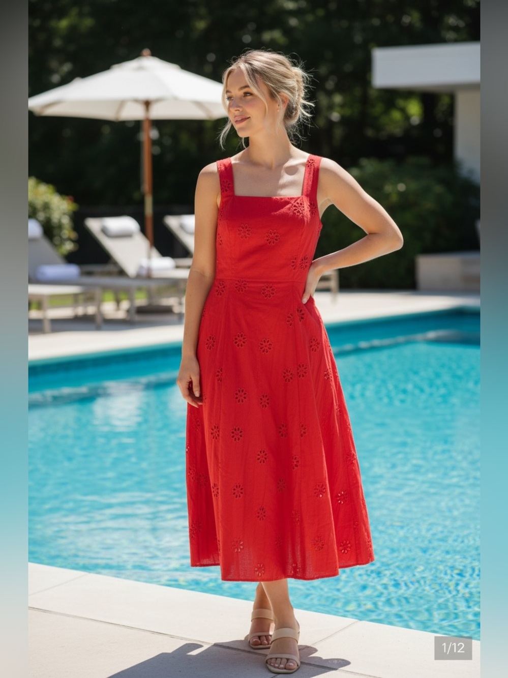Nicole Miller New York Red Eyelet Cotton Sleeveless Maxi Dress Medium Sundress